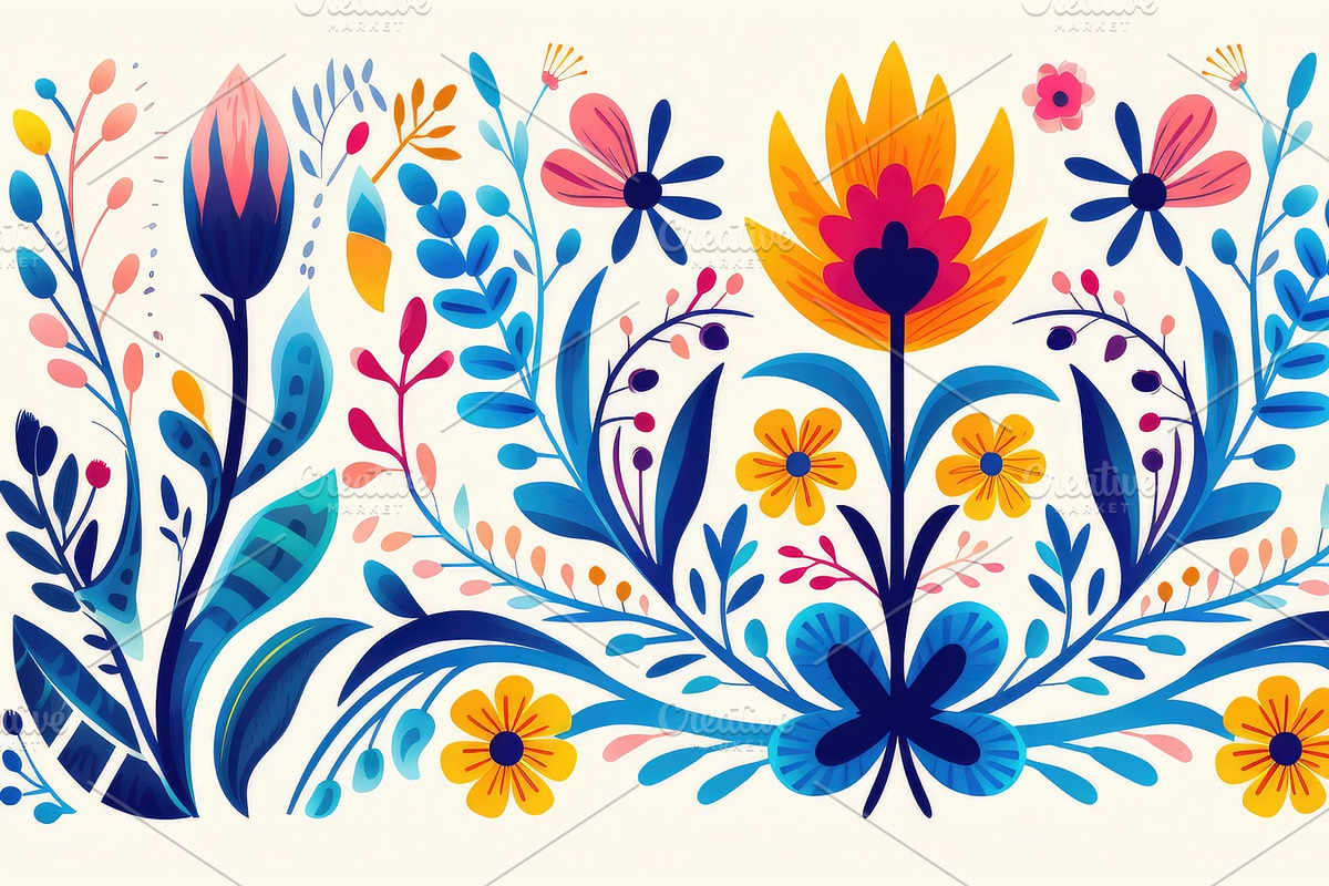 Vibrant Mexican Folk Art Floral Design on a Deep Blue Canvas - G, a Seasonal Illustration by José Manuel Gelpi