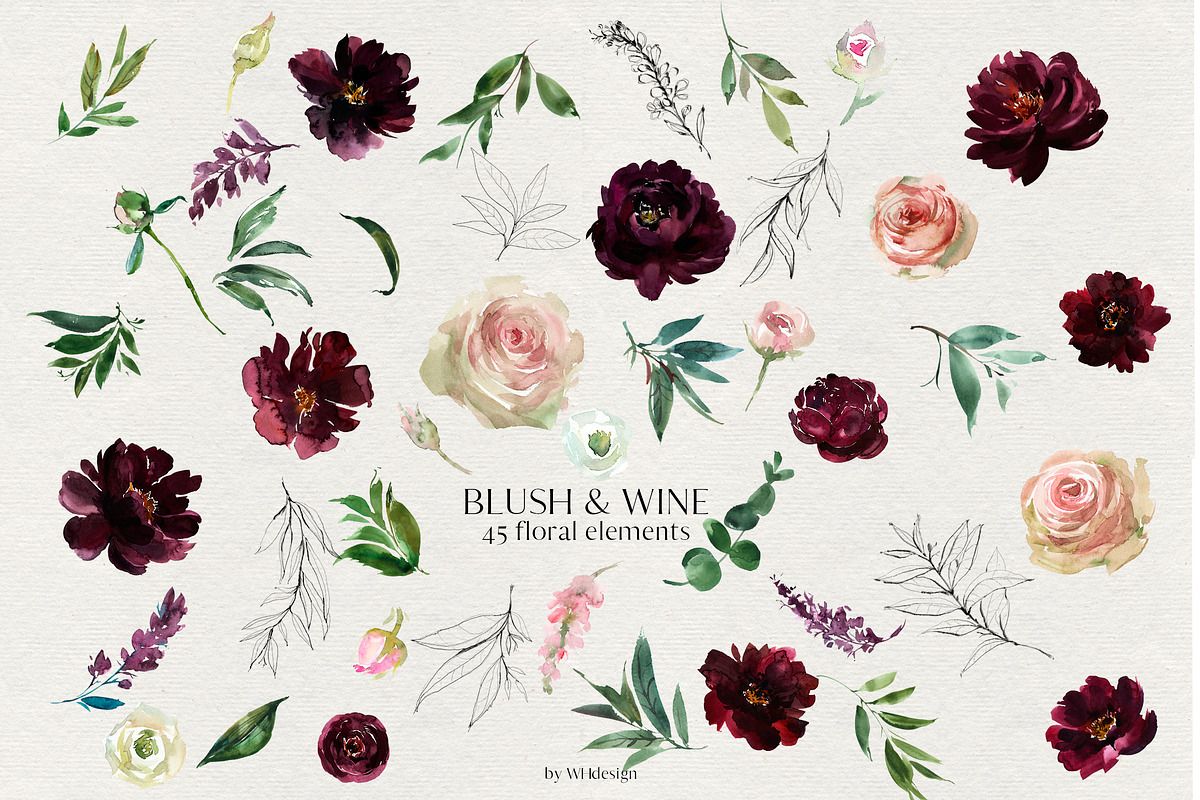 Blush & Wine Watercolor Flowers PNG, a Decorative Illustration by whiteheartdesign (Photo 8 of 10)