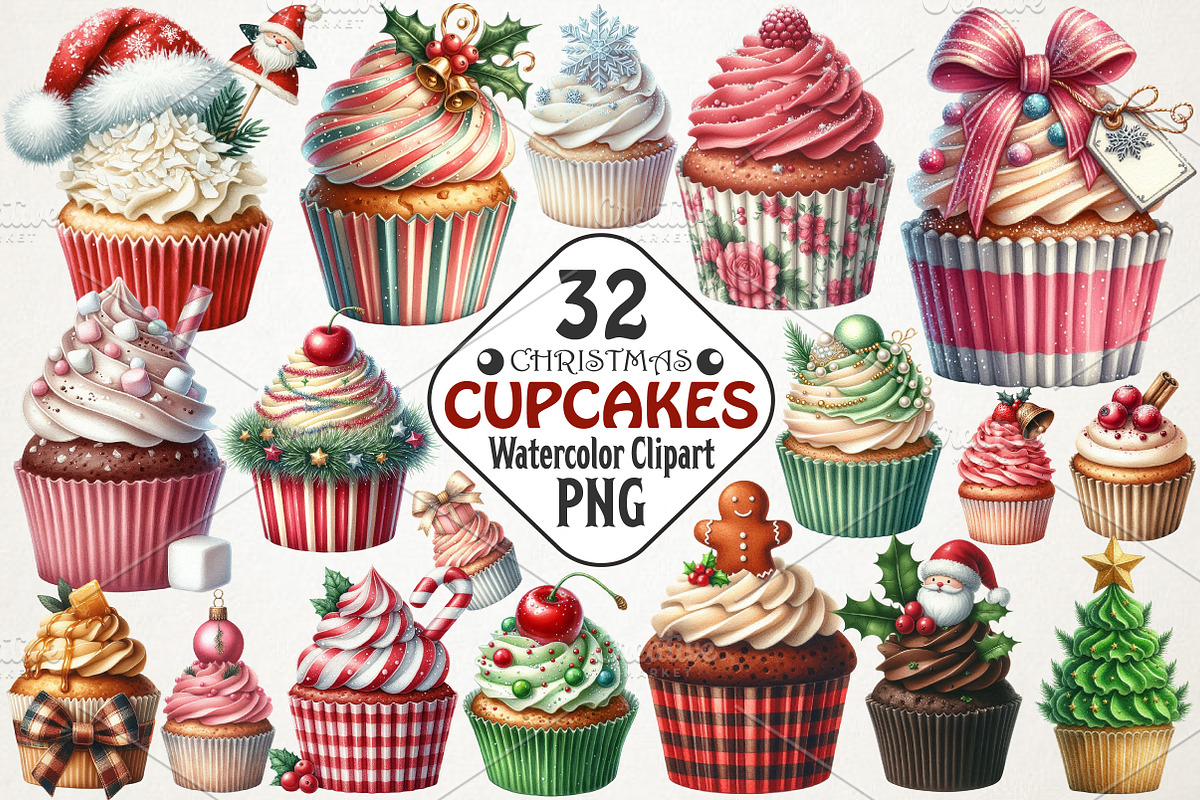 Christmas Cupcakes Vintage Clipart, an Illustration by RobertsArt (Photo 1 of 7)