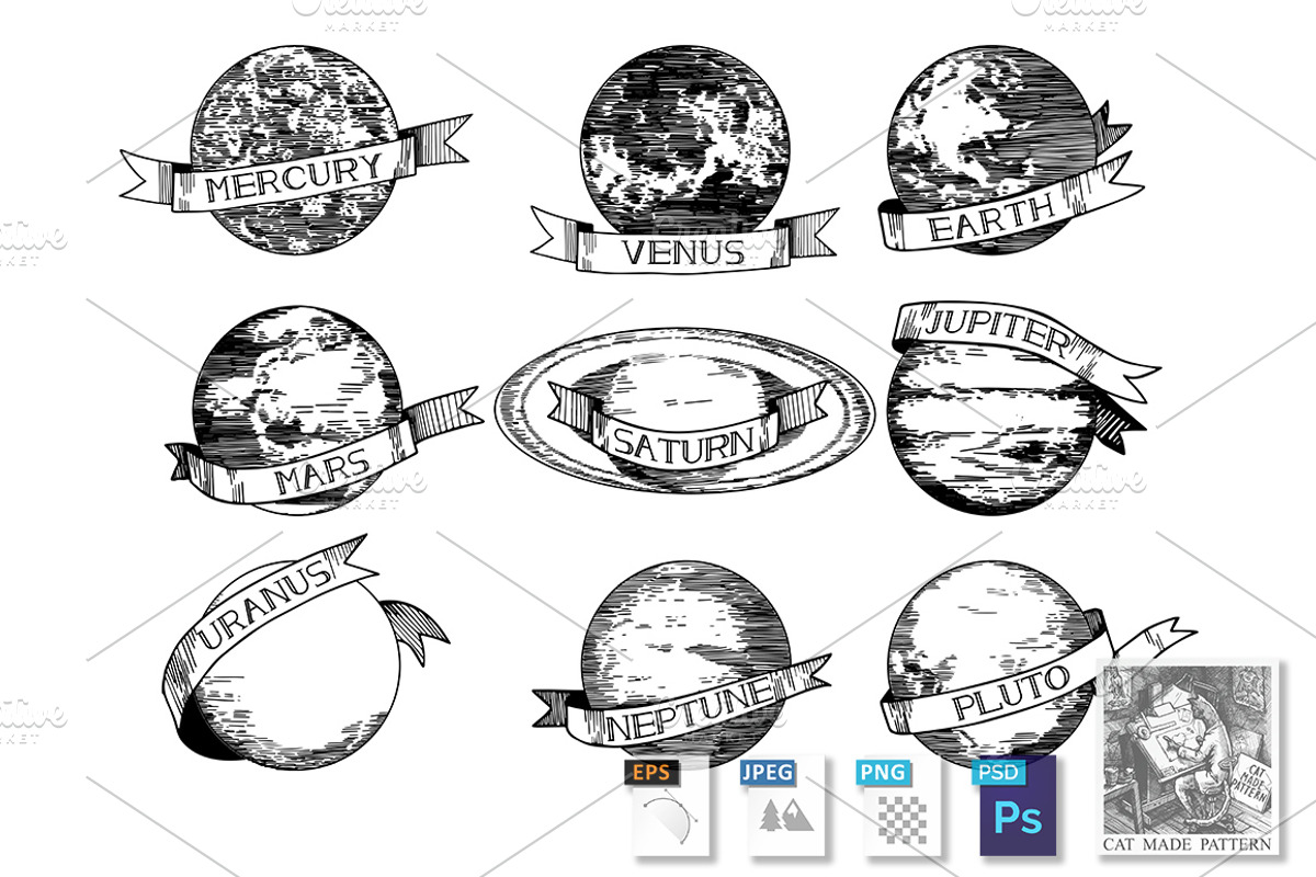 Solar system planets engraving, an Illustration by CatMadePattern