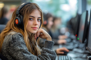 Young woman wearing headphones engag, a Photo by Tanuart