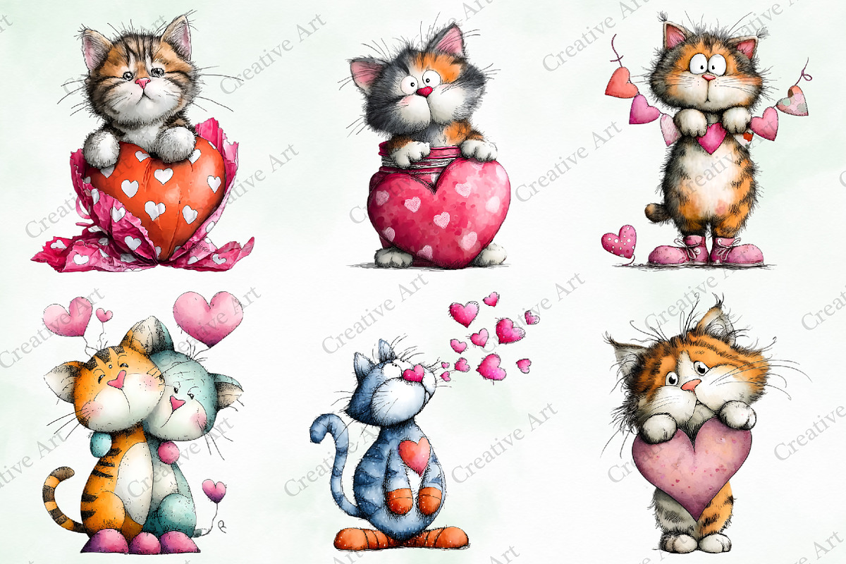 Whimsical Valentine Cat Clipart Bund, an Illustration by Creative Art (Photo 5 of 9)
