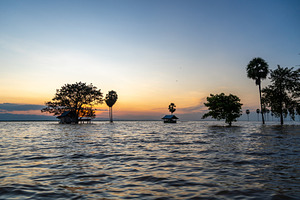 Small hut on Lake Tempe at sunset, Sulawesi, Indonesia