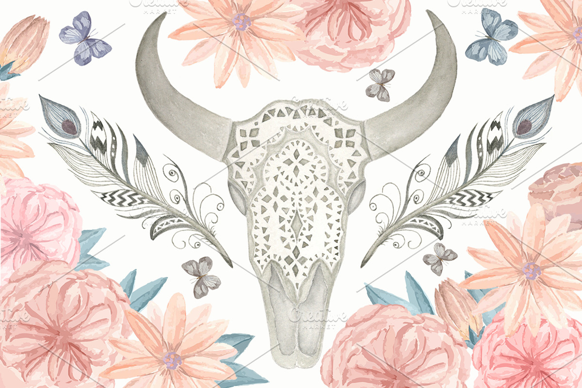 Watercolor skull bull, flowers, a Graphic by Natikka Art (Photo 3 of 5)