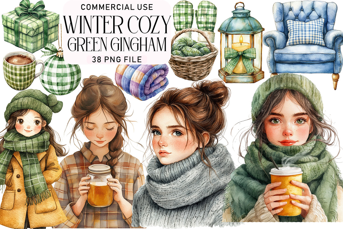 Winter Cozy Green Gingham Clipart, an Illustration by Daily.Designs (Photo 1 of 4)