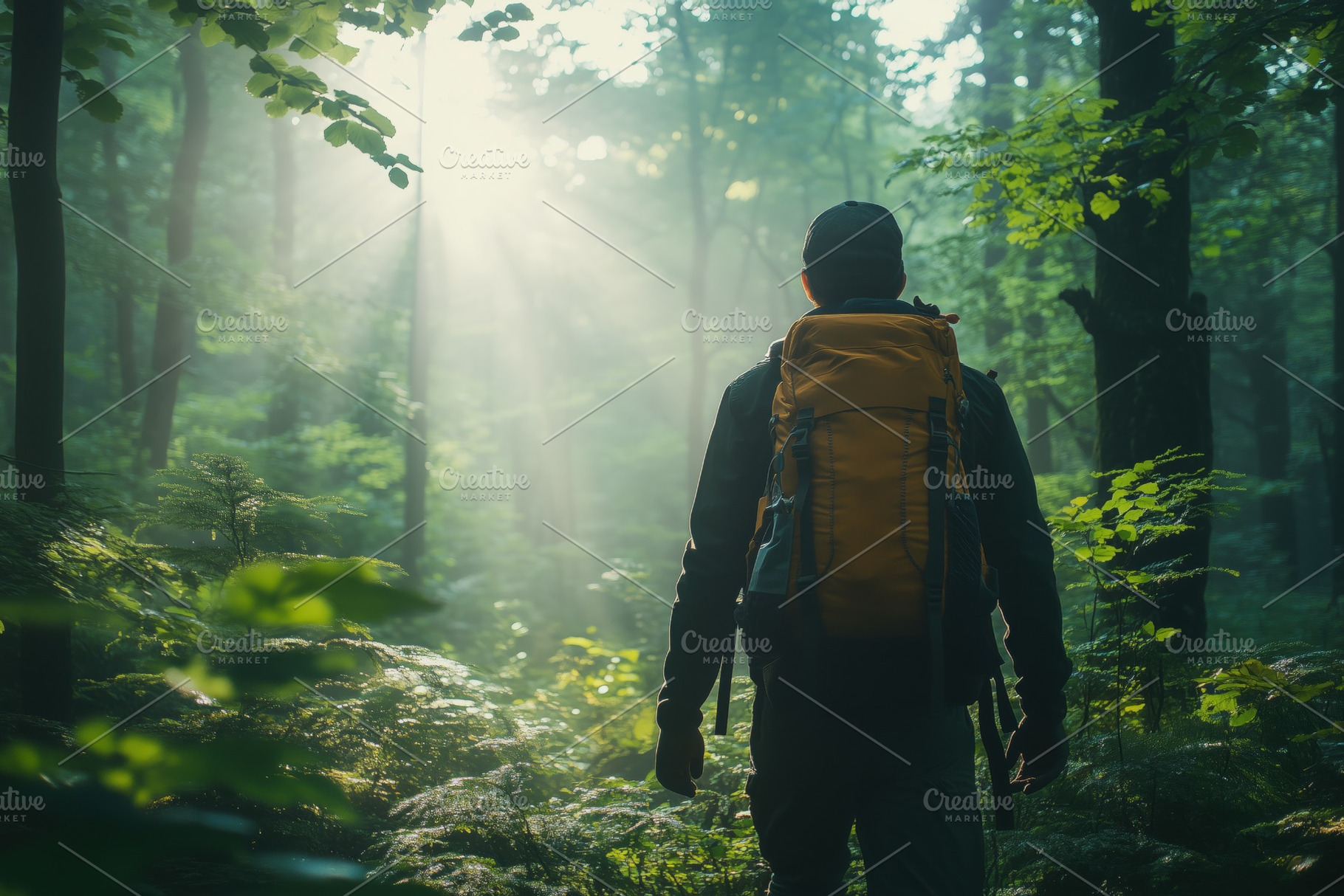 A hiker with a yellow backpack stands in a sunlit forest, surrounded by lush gr, a Person Photo by Textures & Backgrounds