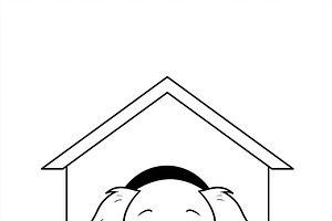Cute cartoon puppy sitting in front of its doghouse, a line art, an Illustration by Studio ANNA