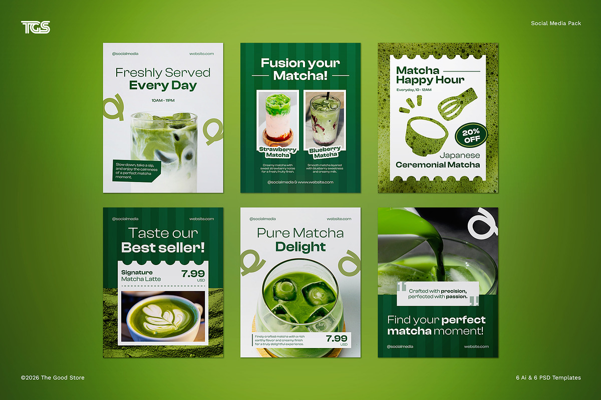 Matcha Shop Social Media Post Pack, a Flyer Template by The Good Store (Photo 1 of 4)