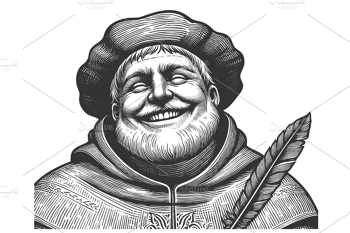smiling monk with quill pen, an Illustration by AlexArt