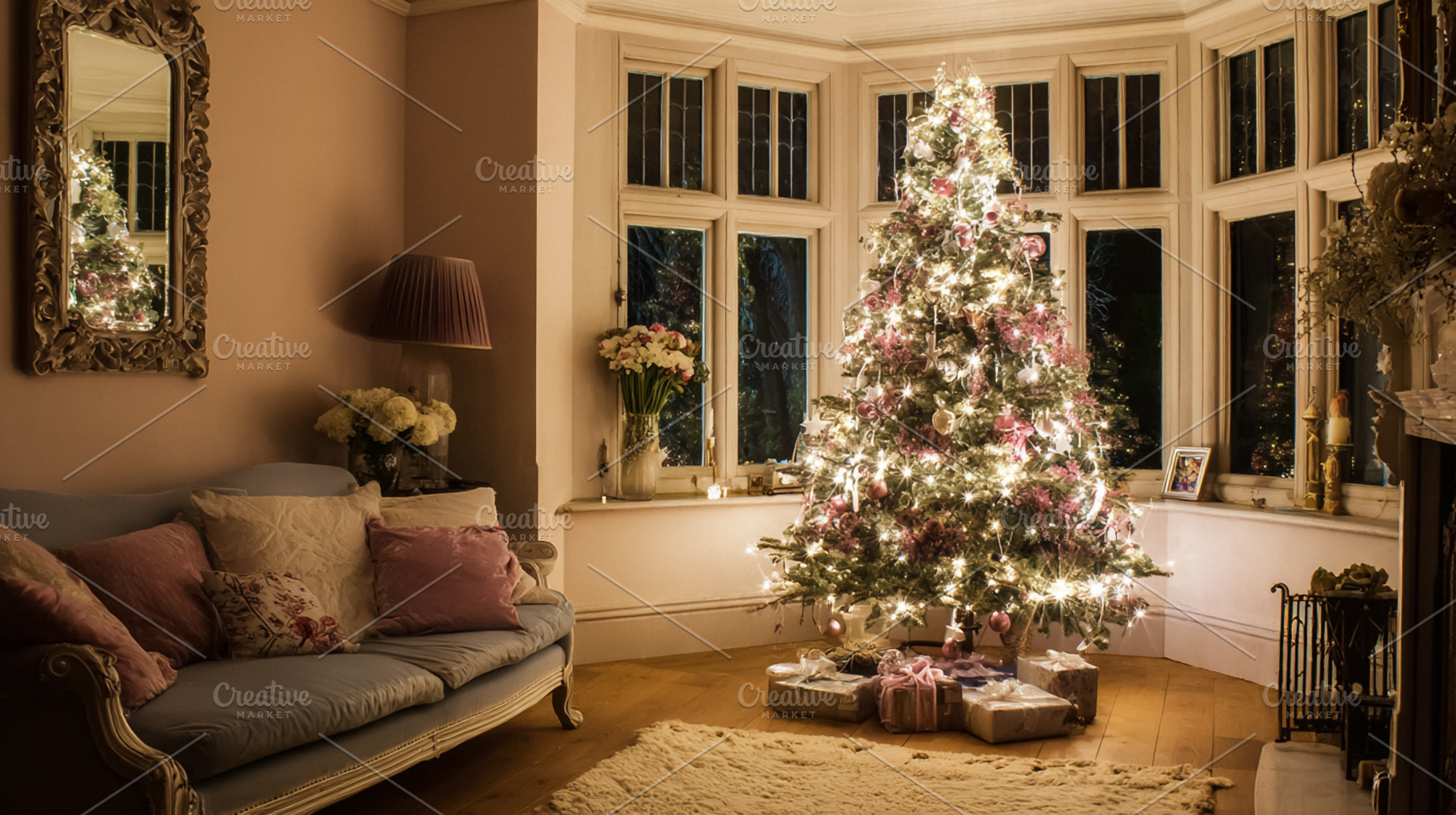 Elegant Christmas tree illuminating a cozy living room decorated for holiday ce, a Photo by Studio ANNA