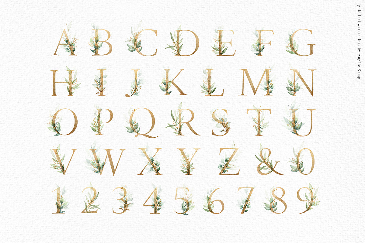 Gold leaf watercolor alphabet art, an Illustration by Angele Kamp (Photo 8 of 12)