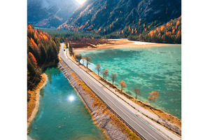 Aerial view of road, azure lakes, a Transportation Photo by den-belitsky