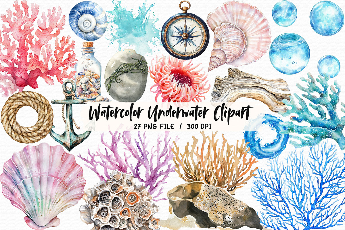 Watercolor Underwater Clipart, an Illustration by Libby Wishes (Photo 1 of 5)