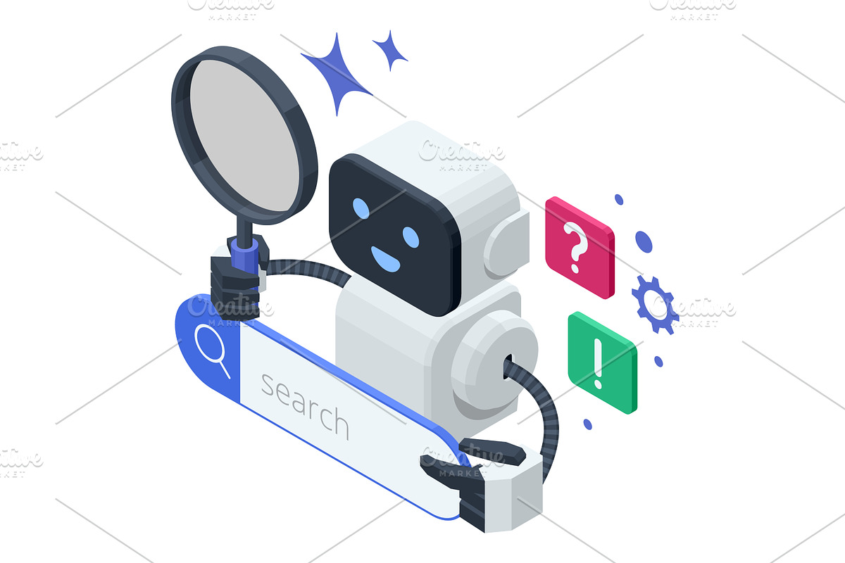 AI search helper. Isometric robot, a Technology Illustration by Golden Sikorka