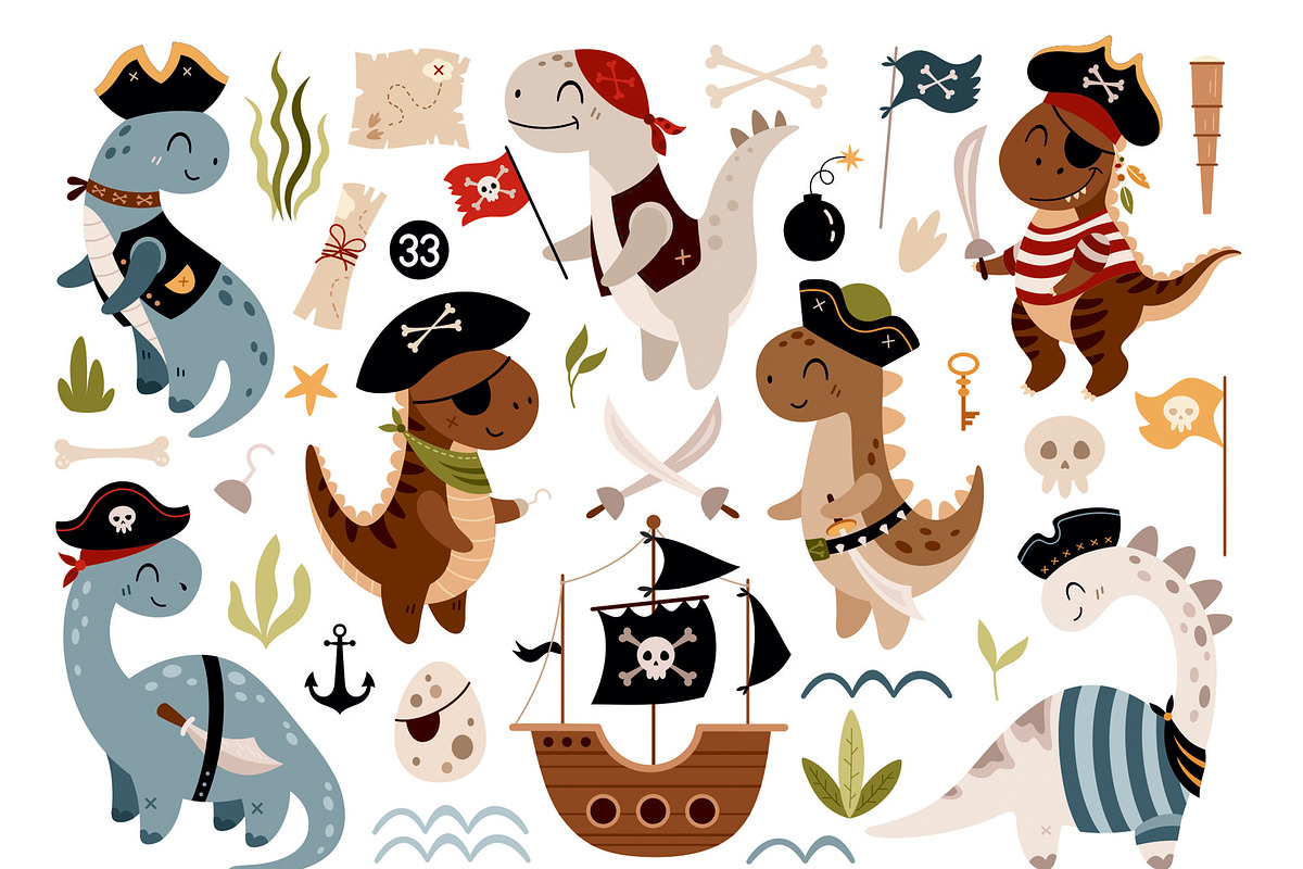 Dinosaurs Pirates Clipart, an Animal Illustration by JulzaArt (Photo 2 of 6)