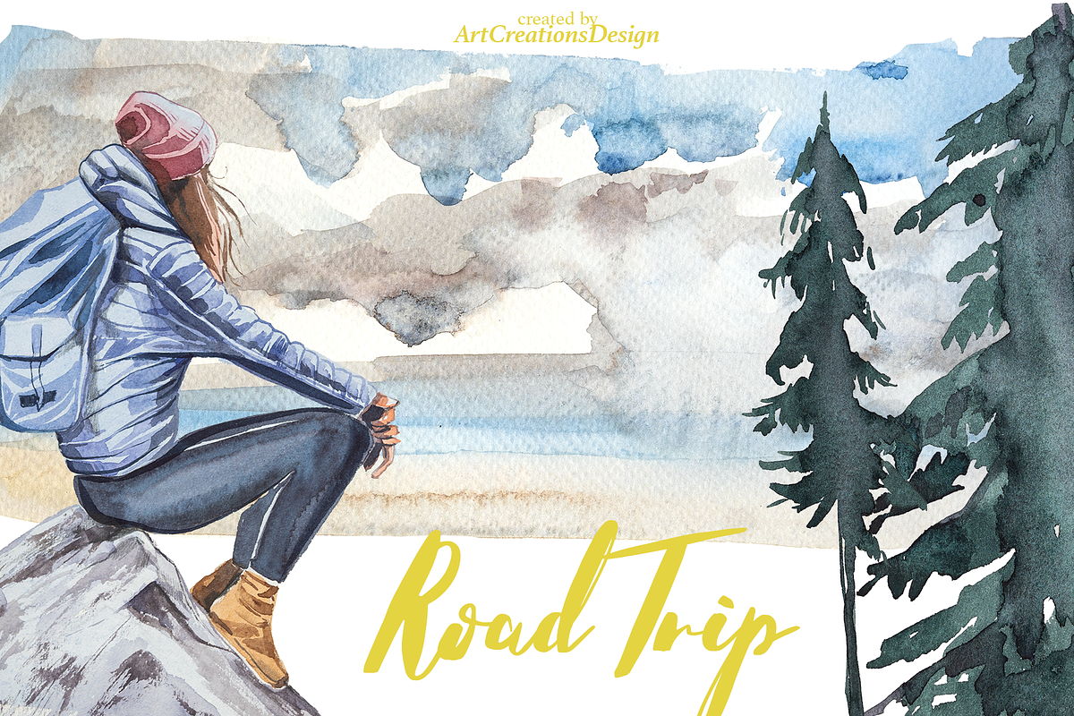Watercolor Road Trip Clipart Set, a Person Illustration by ArtCreationsDesign (Photo 3 of 19)