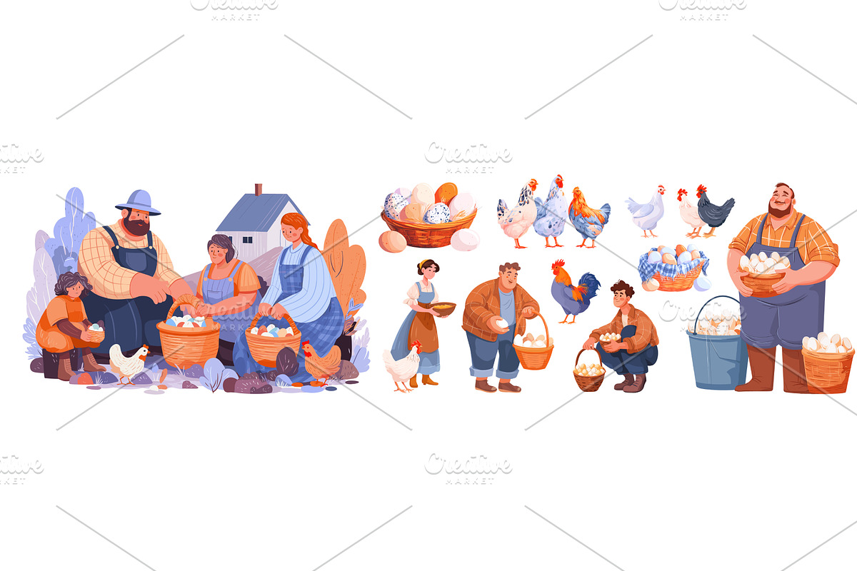 Chicken farm cartoon set. Man woman, an Animal Illustration by Stock-Smart-Start