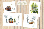 Watercolor Tramcars, a Transportation Illustration by Budogoshch (Thumbnail 4 of 9)