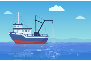 Industrial fishing. Ship with fish, an Illustration by Valerie Bodnar
