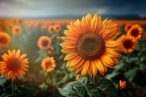 Vibrant sunflower blooming in a vast summer field under a moody, a Nature Photo by José Manuel Gelpi