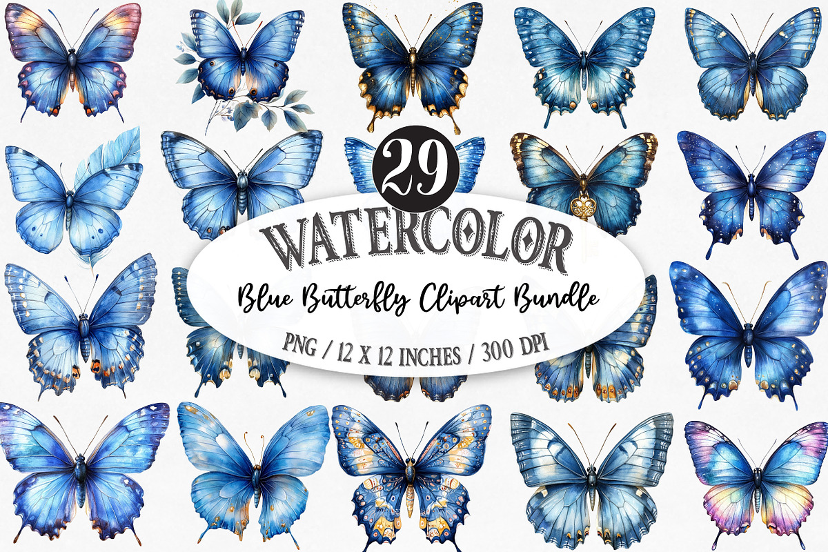 Watercolor Blue Butterfly Clipart, an Illustration by Designking (Photo 1 of 5)