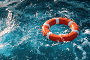 Bright orange life ring floating, a Photo by Pavel_design