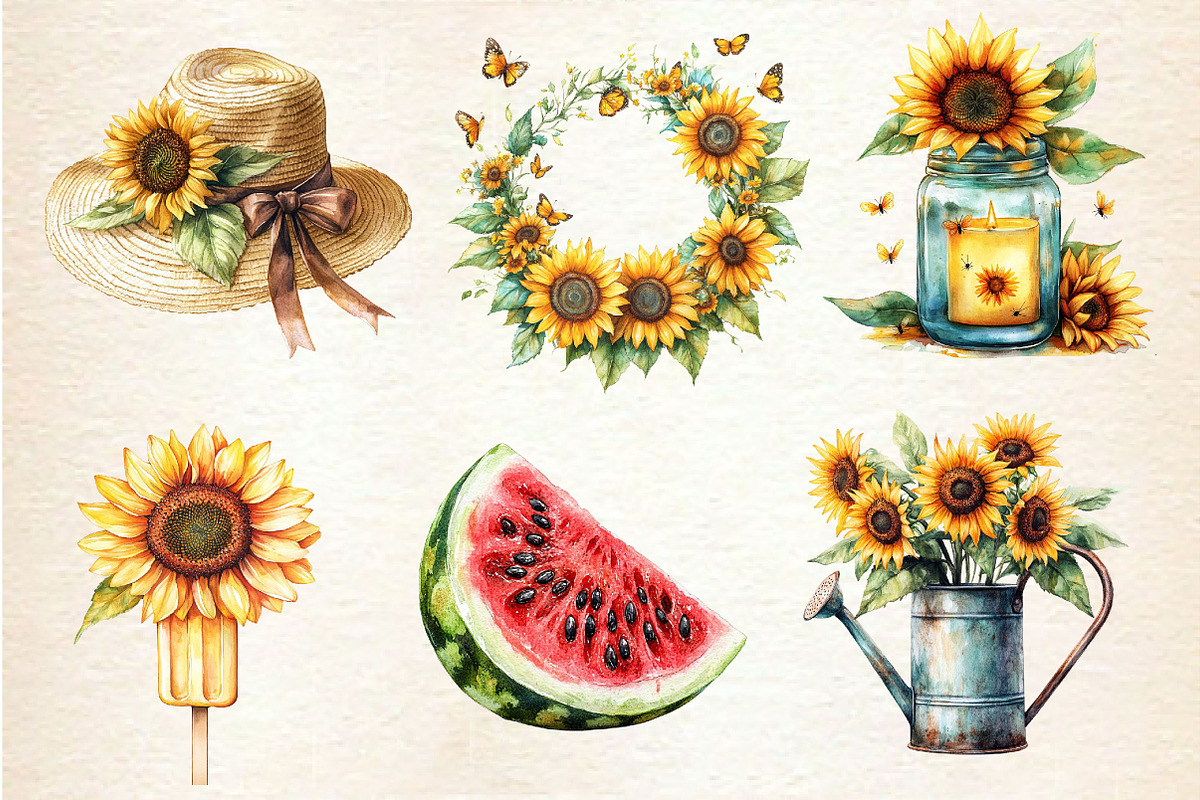 Watercolor Summer Sunflower Clipart, an Illustration by Dream Creation (Photo 5 of 6)