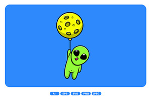 Cute Alien Floating With Moon Balon