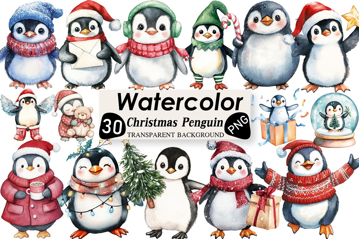 Watercolor Christmas Penguin Clipart, an Illustration by Black Bird Studio (Photo 1 of 6)