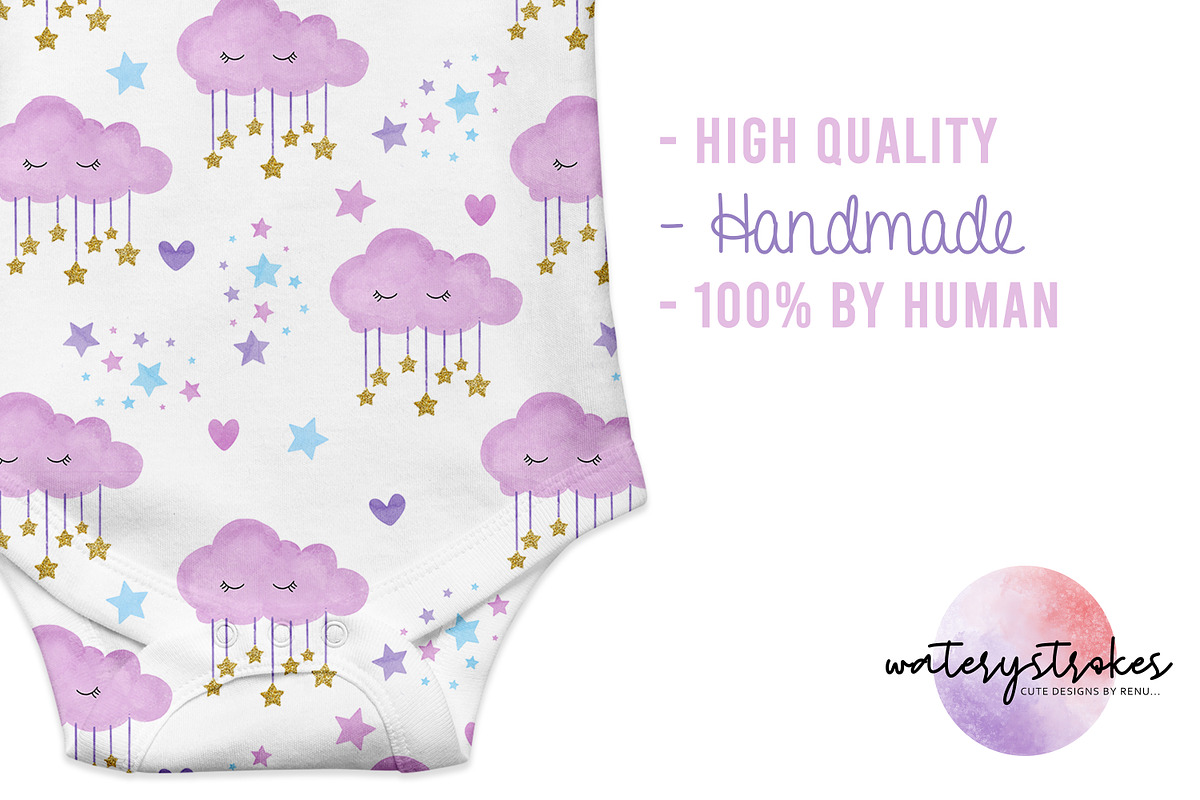 Cute lavender sleeping cloud Pattern, a Pattern Graphic by Waterystrokes (Photo 2 of 3)