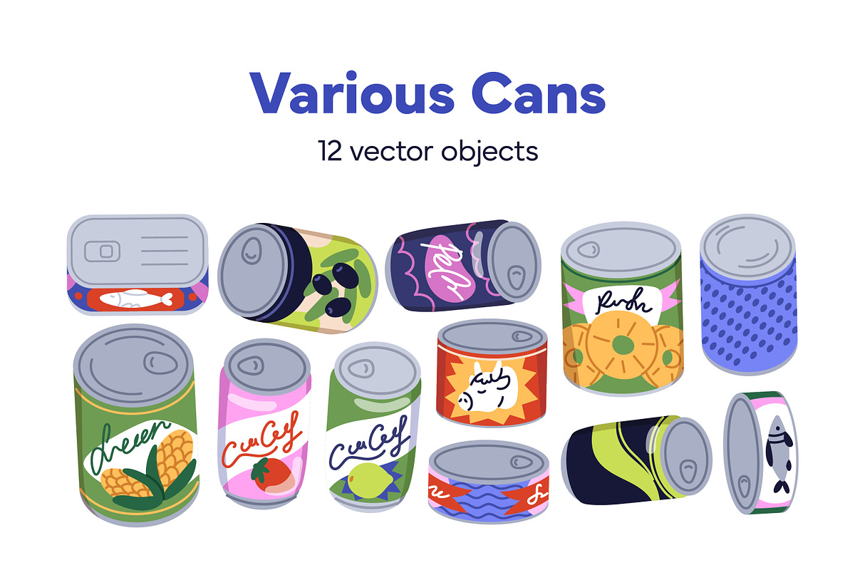 Food, drinks in metal tin cans set, a Food Illustration by Good Studio (Photo 1 of 7)