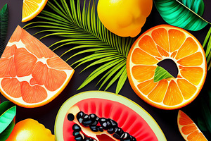 Tropical Fruits Set. Watermelon, Kiwi, Orange, Lemon, Papaya.