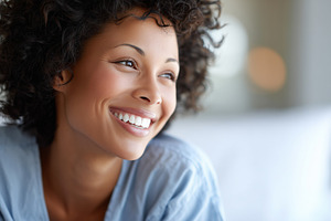 Young woman with curly hair smiles, a Health & Medical Photo by MistyDay