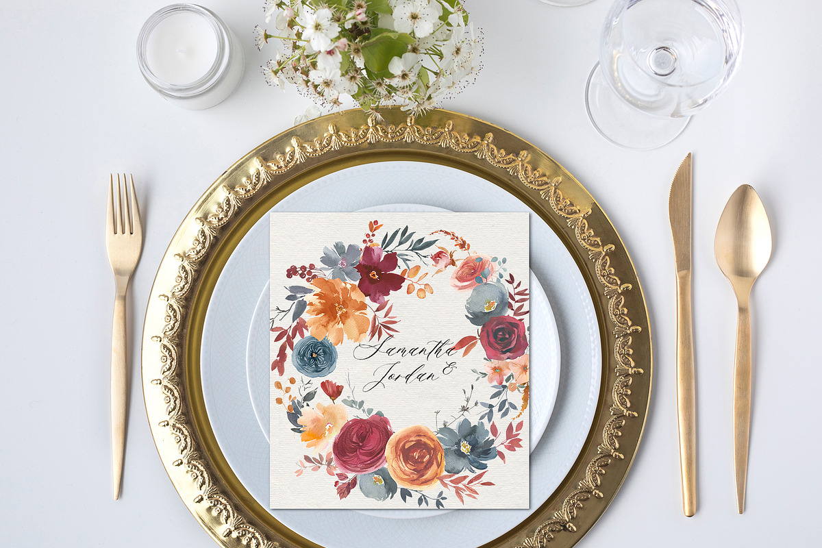 Gold & Madder Red Watercolor Flowers, an Illustration by whiteheartdesign (Photo 9 of 9)