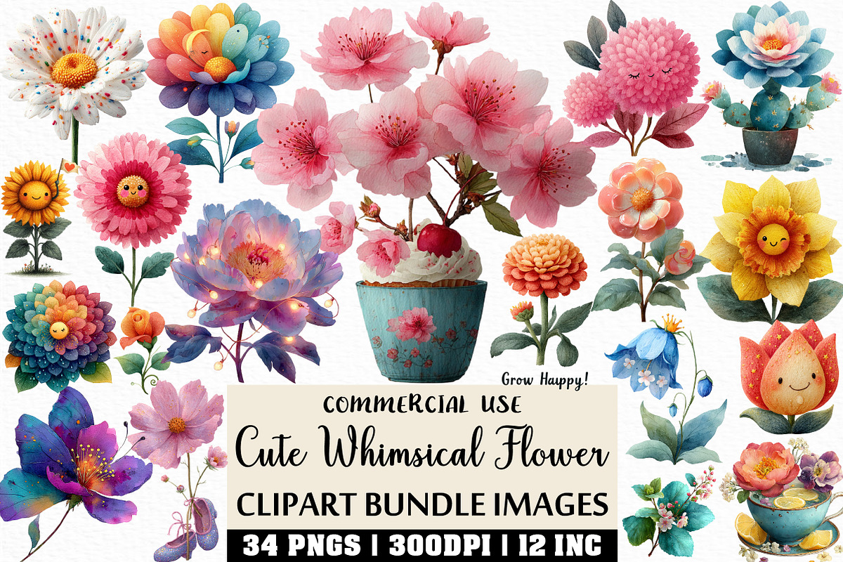 Watercolor Cute Whimsical Flower PNG, an Illustration by Craft Nest (Photo 1 of 6)