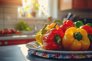 Ripe colorful peppers on table on blurred kitchen background, a Food & Drink Photo by AlyaAnd