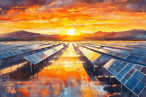 A vibrant sunset over a solar farm, with rows of solar panels reflecting the co, a Technology Photo by Textures & Backgrounds