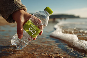 Hand placing water bottle in ocean w, a Photo by Pixeness Studio