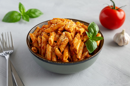 Homemade Tomato Pesto Pasta with Cheese and Basil in a Bowl, sid, a Food & Drink Photo by LiudmylaChuhunova