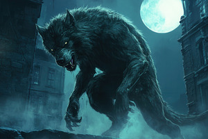 Werewolf hunts beneath full moon, a Photo by Pavel_design