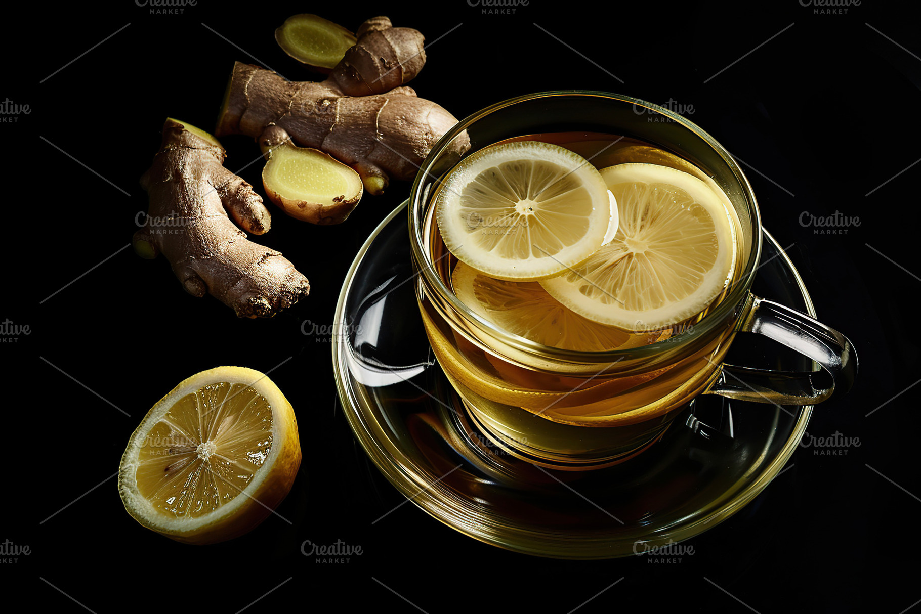 Glass cup of ginger tea with sliced ginger root on black backgro, a Food & Drink Photo by AlyaAnd