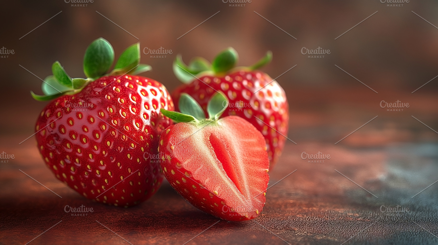 Fresh red strawberries with lush green leaves, showcasing their, a Food & Drink Photo by ImageMir