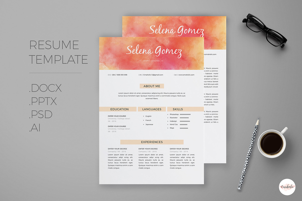 Watercolor Resume Template, a Resume Template by Emaholic Template (Photo 1 of 4)