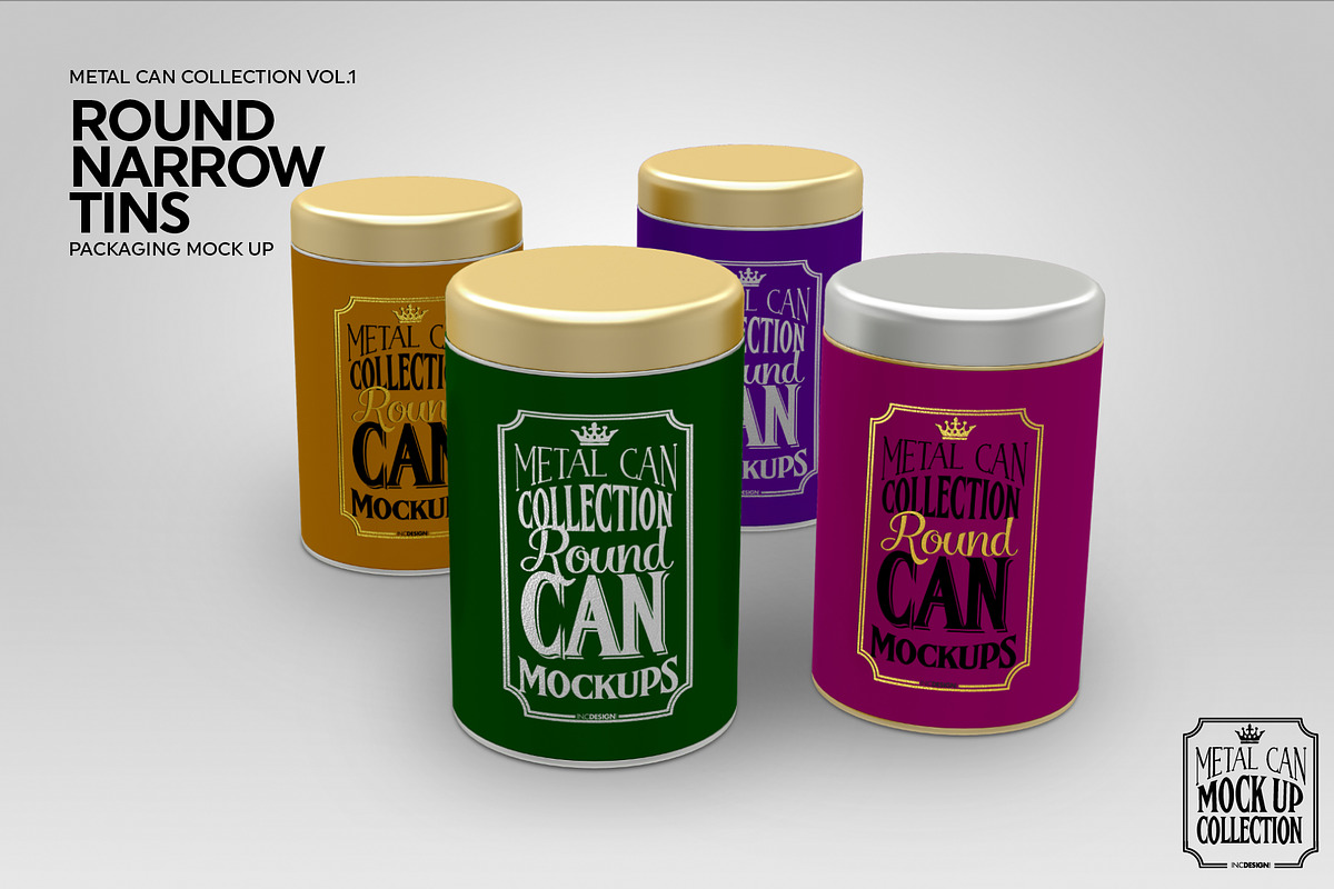 Round Narrow Tins Packaging Mockup, a Cups & Container Mockup by INCDesign (Photo 3 of 6)