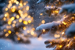 Frosted Evergreen Branches with Warm Fairy Lights, an Abstract Photo by Natalia Klenova's Shop