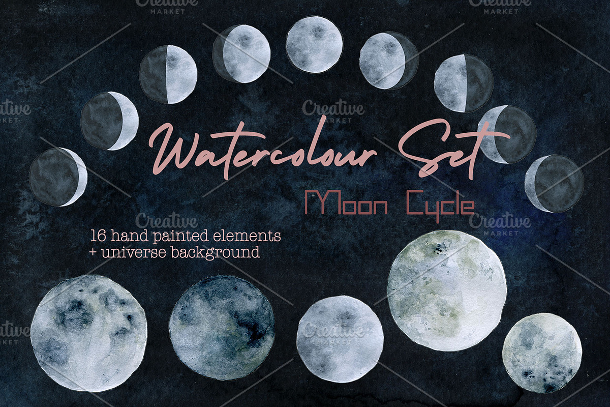 Watercolor Set Moon Phases, a Texture Illustration by paperlions (Photo 1 of 5)