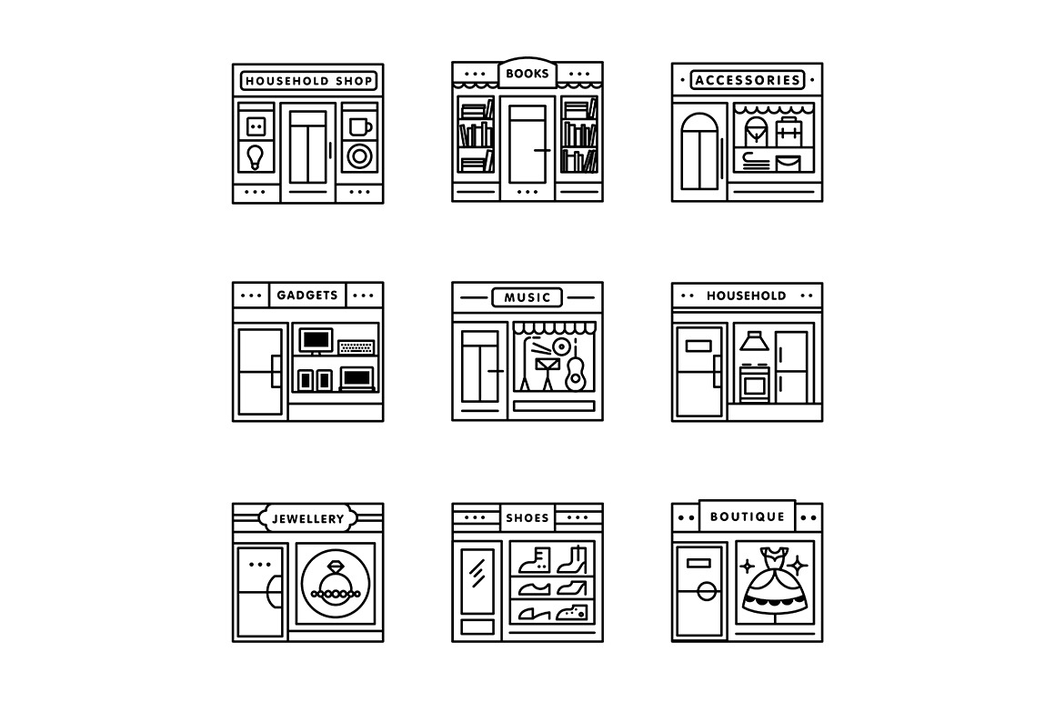 City shops and stores buildings, an Outline Icon by Iconicbestiary
