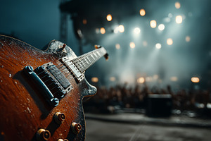 Close up of electric guitar on stage with wet finish, concert lights and blurre, a Photo by AS photostudio