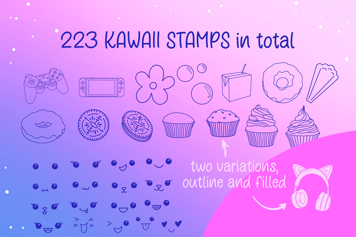 220+ Procreate kawaii stamp brushes, a Brush Add-On by laura.design