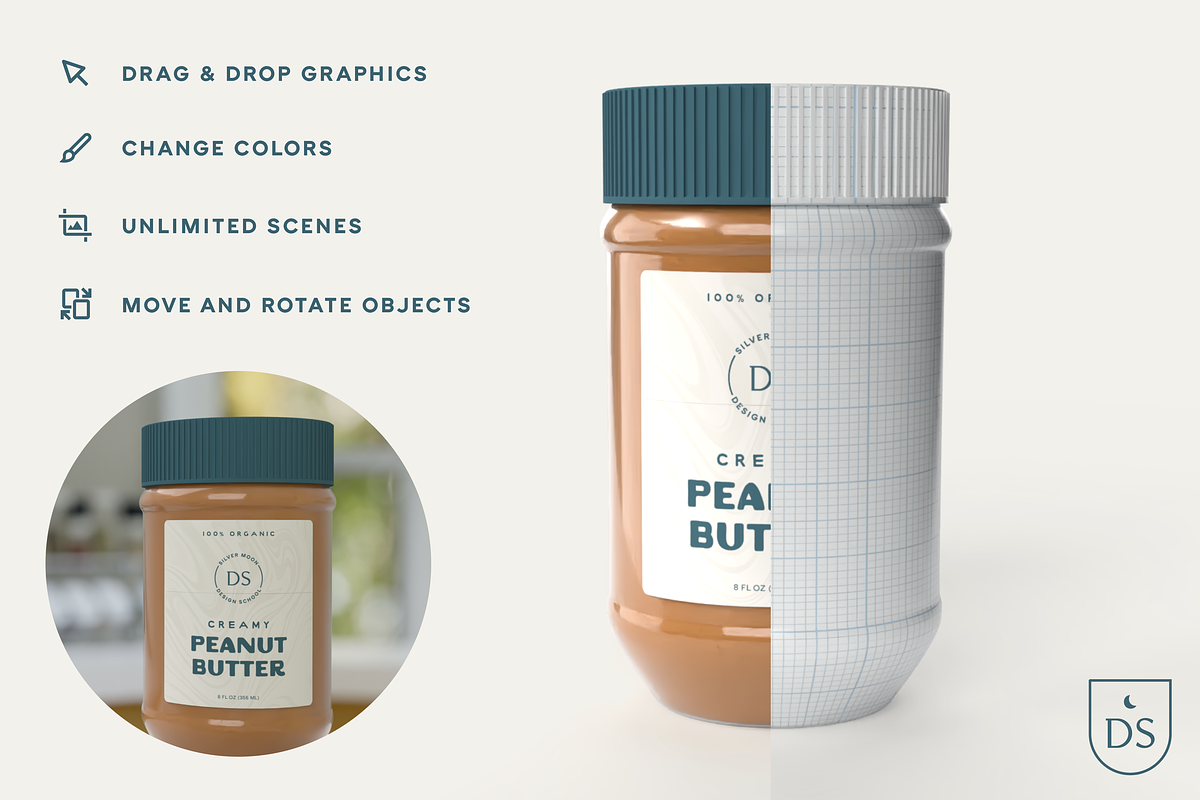 3D Peanut Butter Mockup, a Packaging Mockup by Silver Moon Design School (Photo 2 of 3)